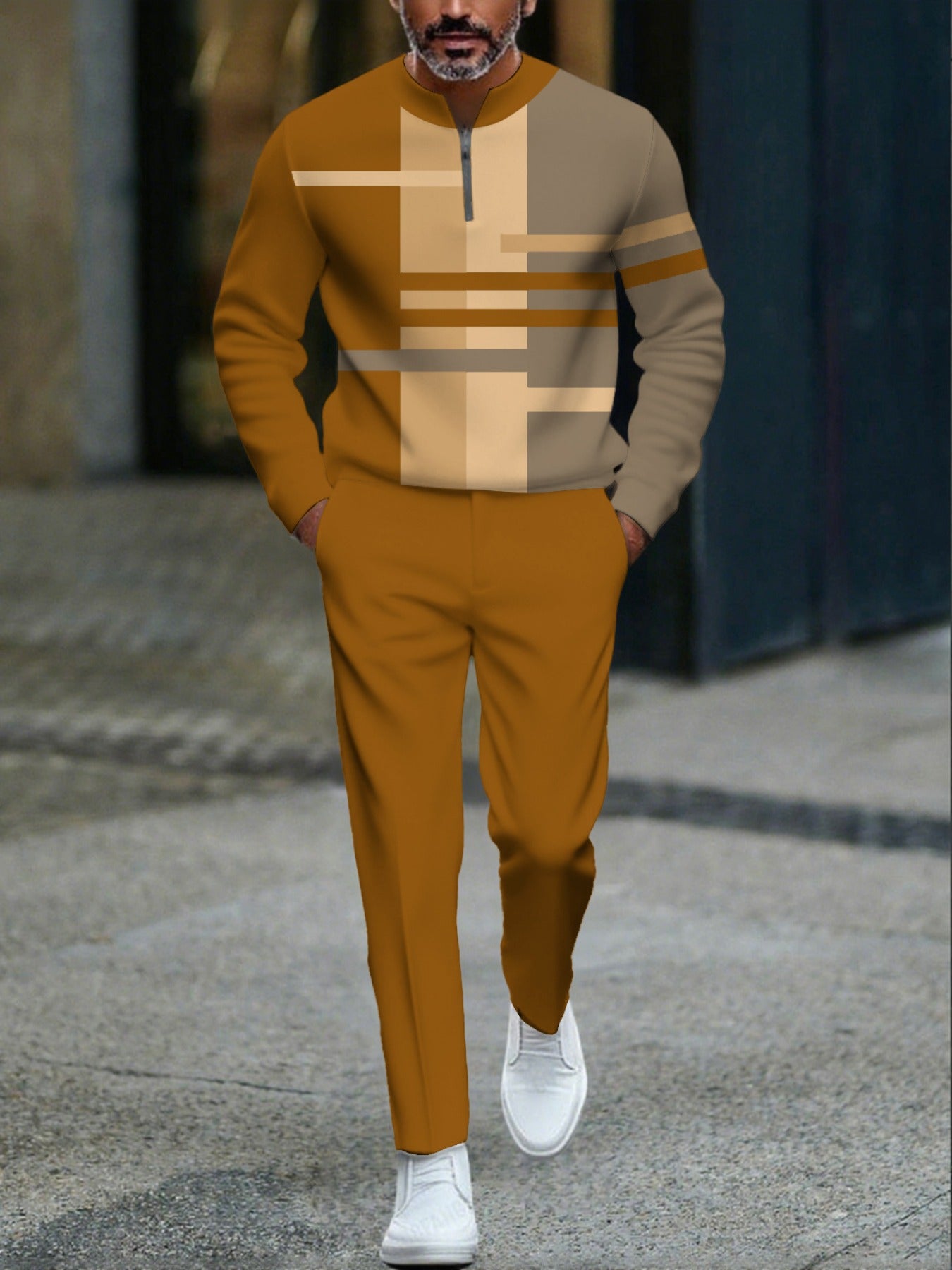 Men's Casual Ginger Yellow Color Matching Geometric Printed Round-Neck Zipper Long Sleeved Tops & Trousers Two-Piece Set