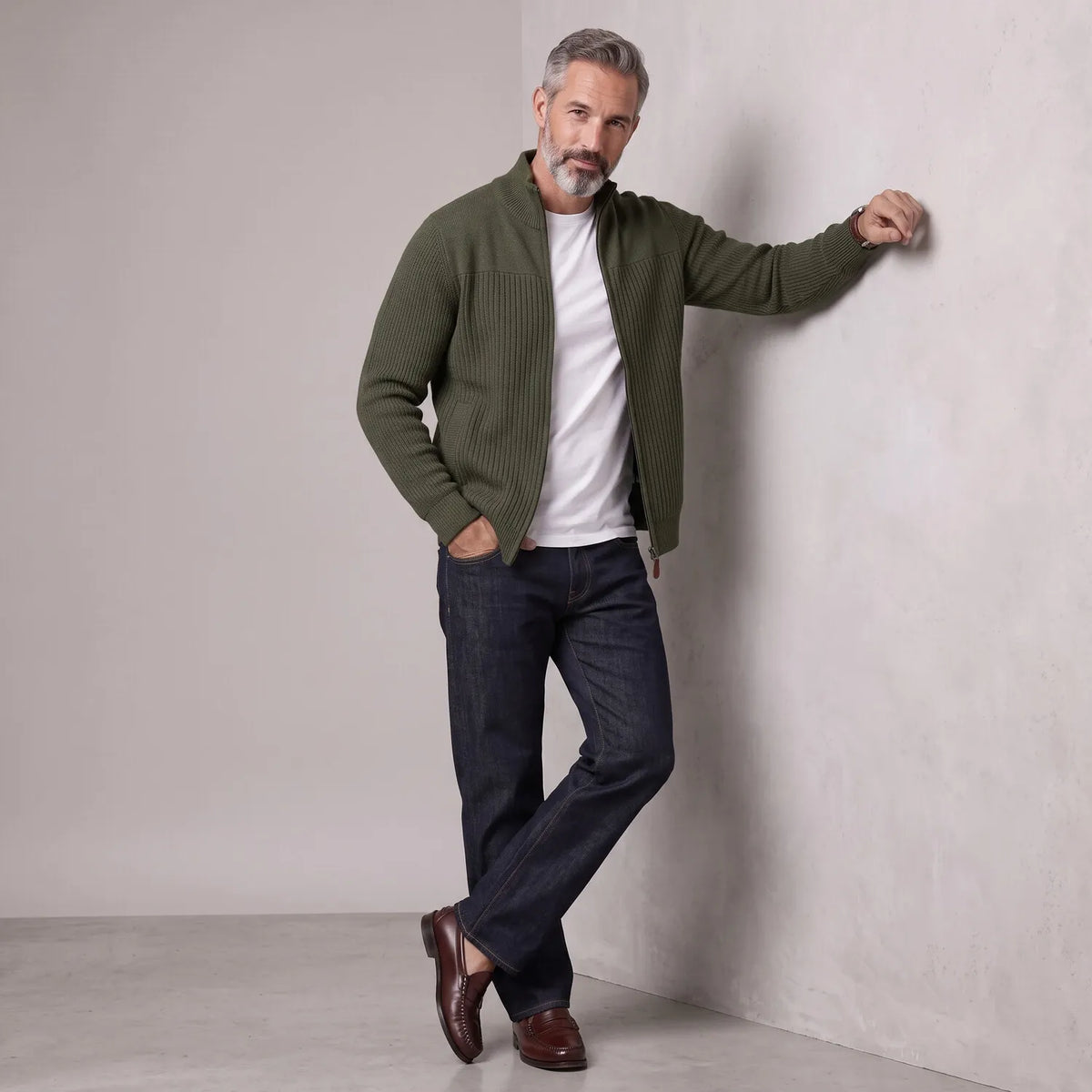 Men's Army Green Stand Collar Ribbed Knitted Full-Zip Cardigan