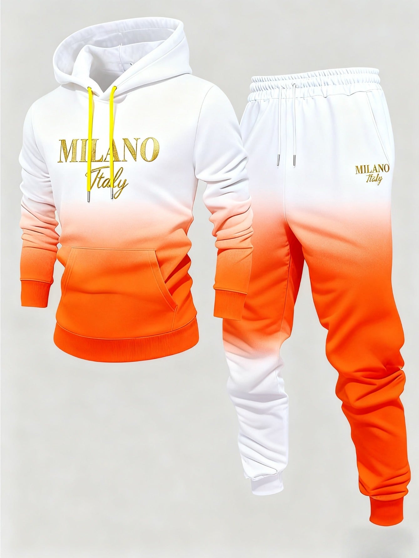 Men's Casual Orange & White Gradient Color Matching Printed Hoodies Long Sleeved Sweatshirts & Sweatpants Two-Piece Set