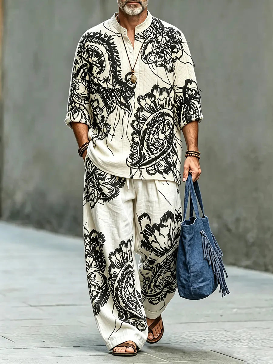 Men's Retro Abstract Print Casual Linen Top And Pants Two-piece Set