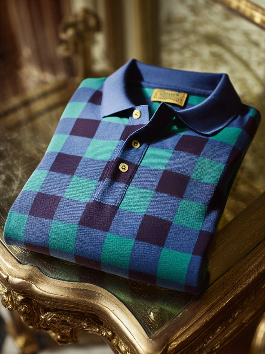 Men's Business Casual Geometric Plaid Art Button Short Sleeve Polo Shirt