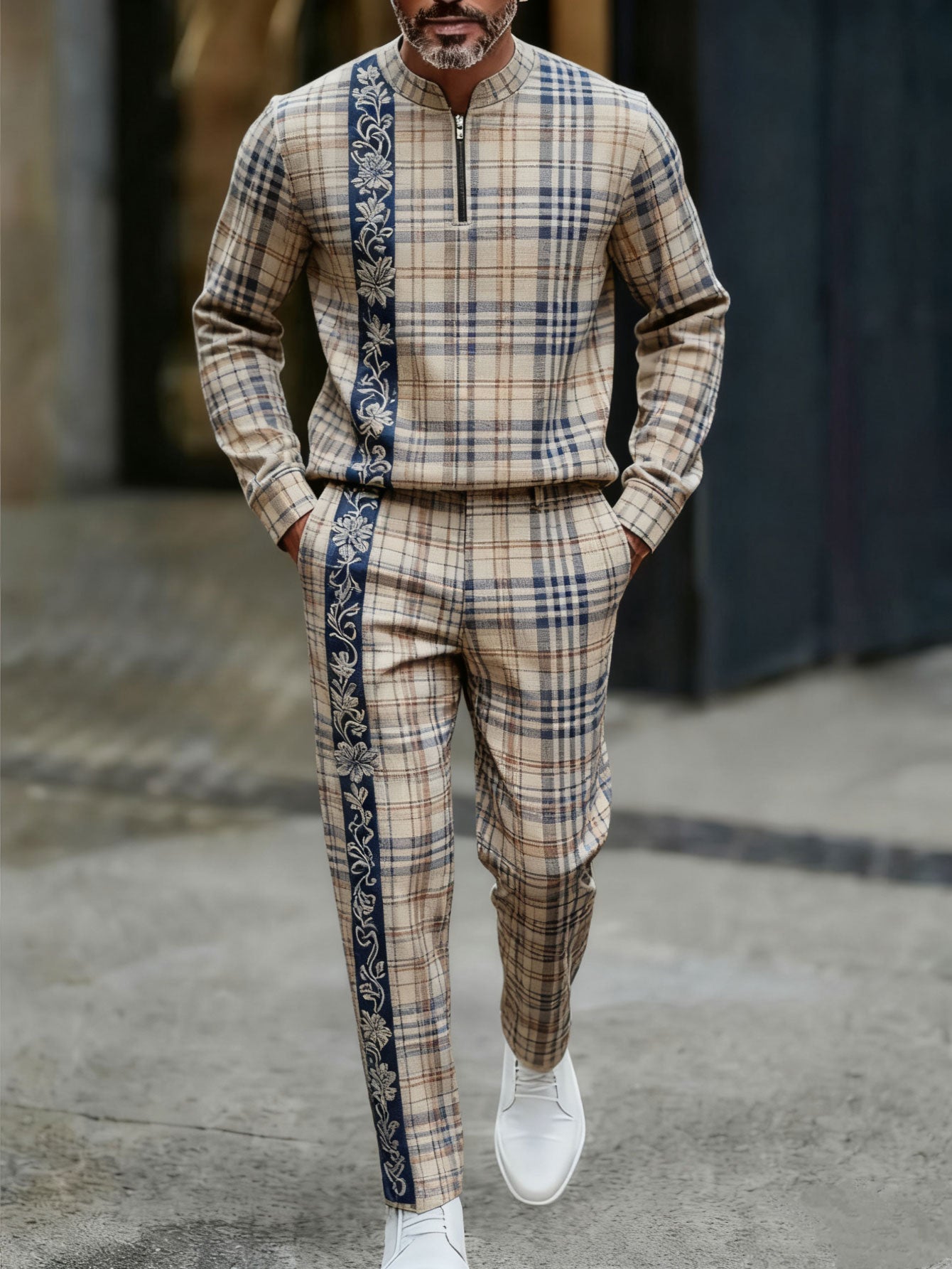 Men's Casual Color Matching Printed Round-Neck Zipper Long Sleeved Trousers Two-Piece Set