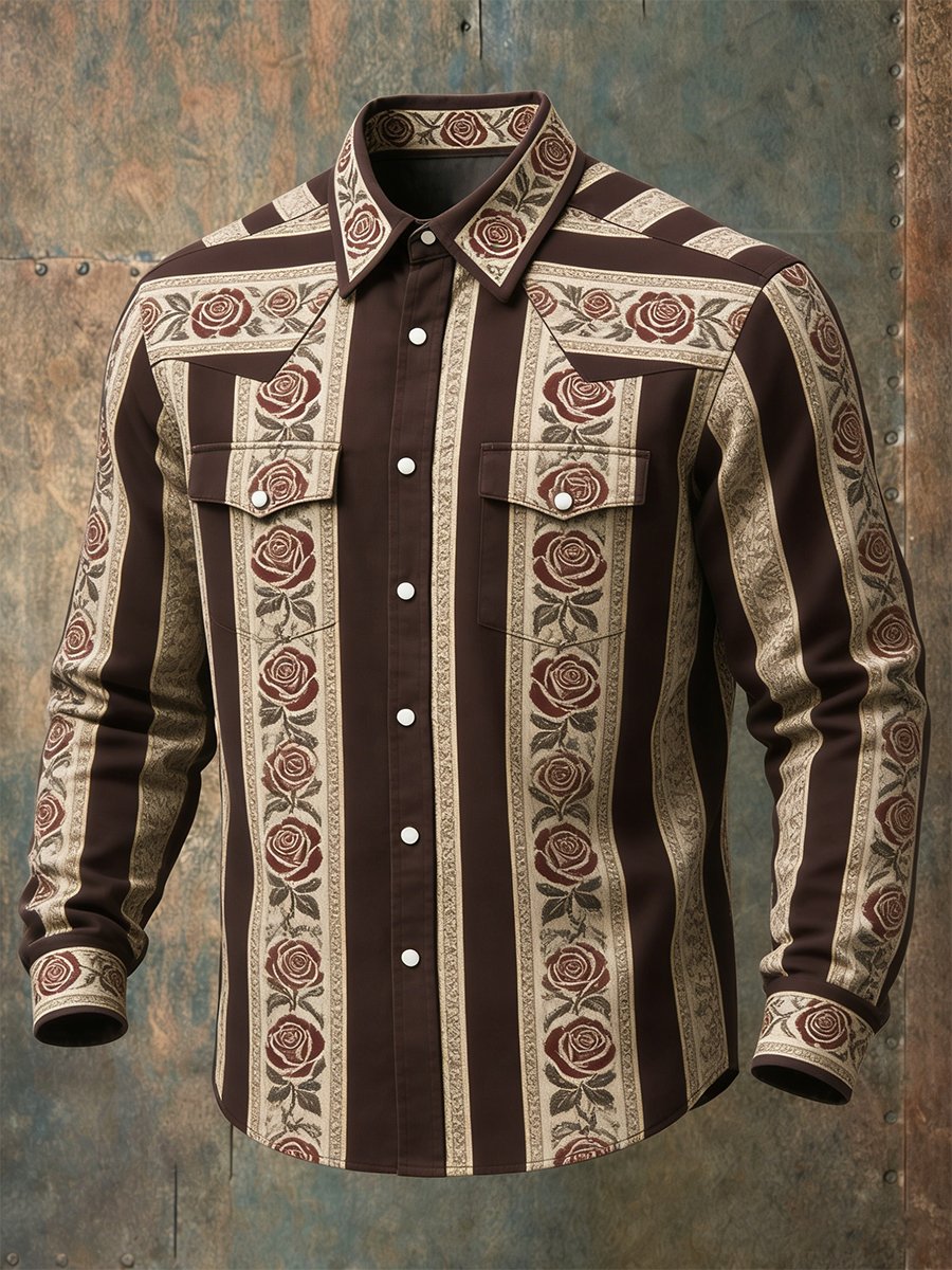 Men's Vintage Striped Rose Western Long-Sleeved Shirt