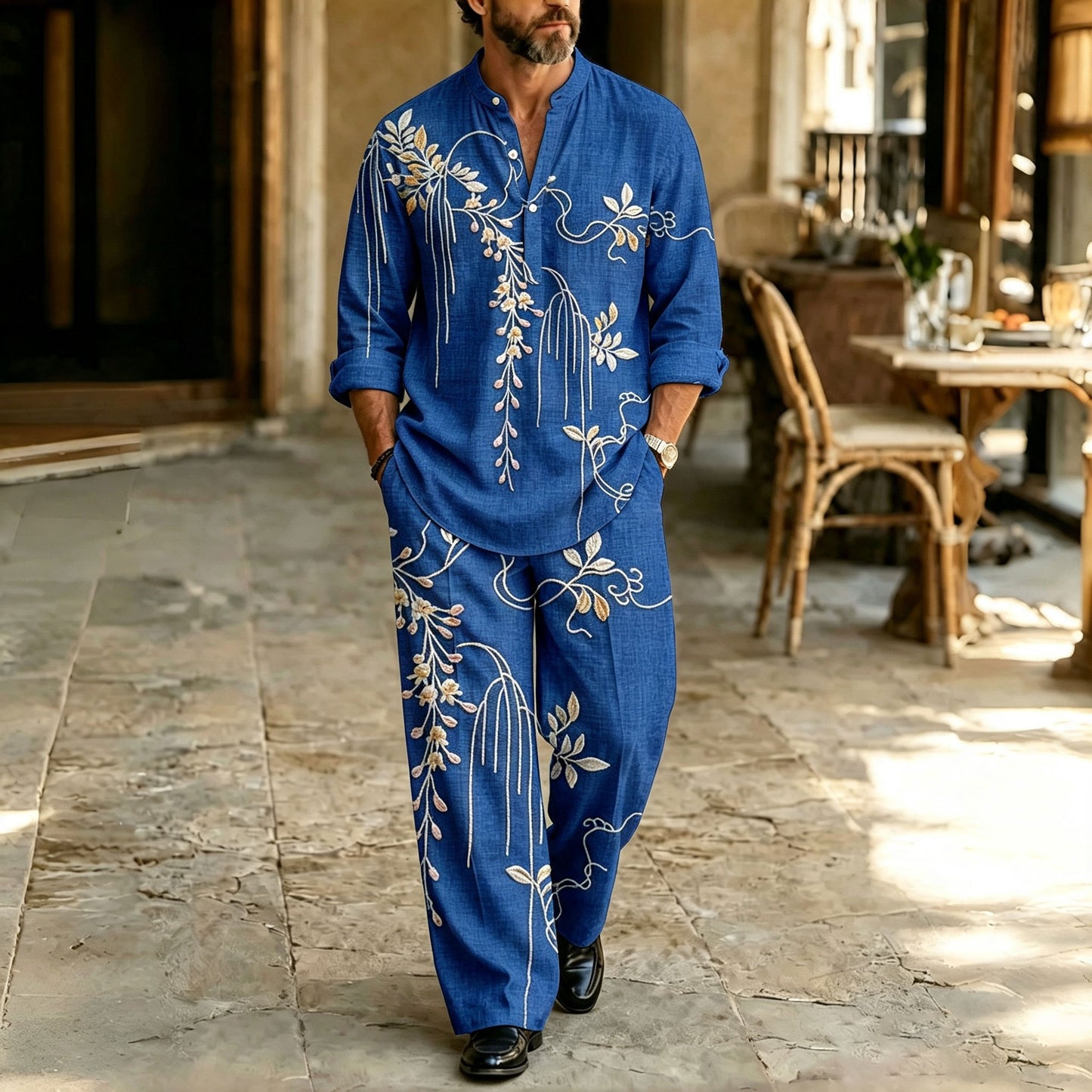 Men's Blue Stand-Collar Polo Shirt and Pants Set