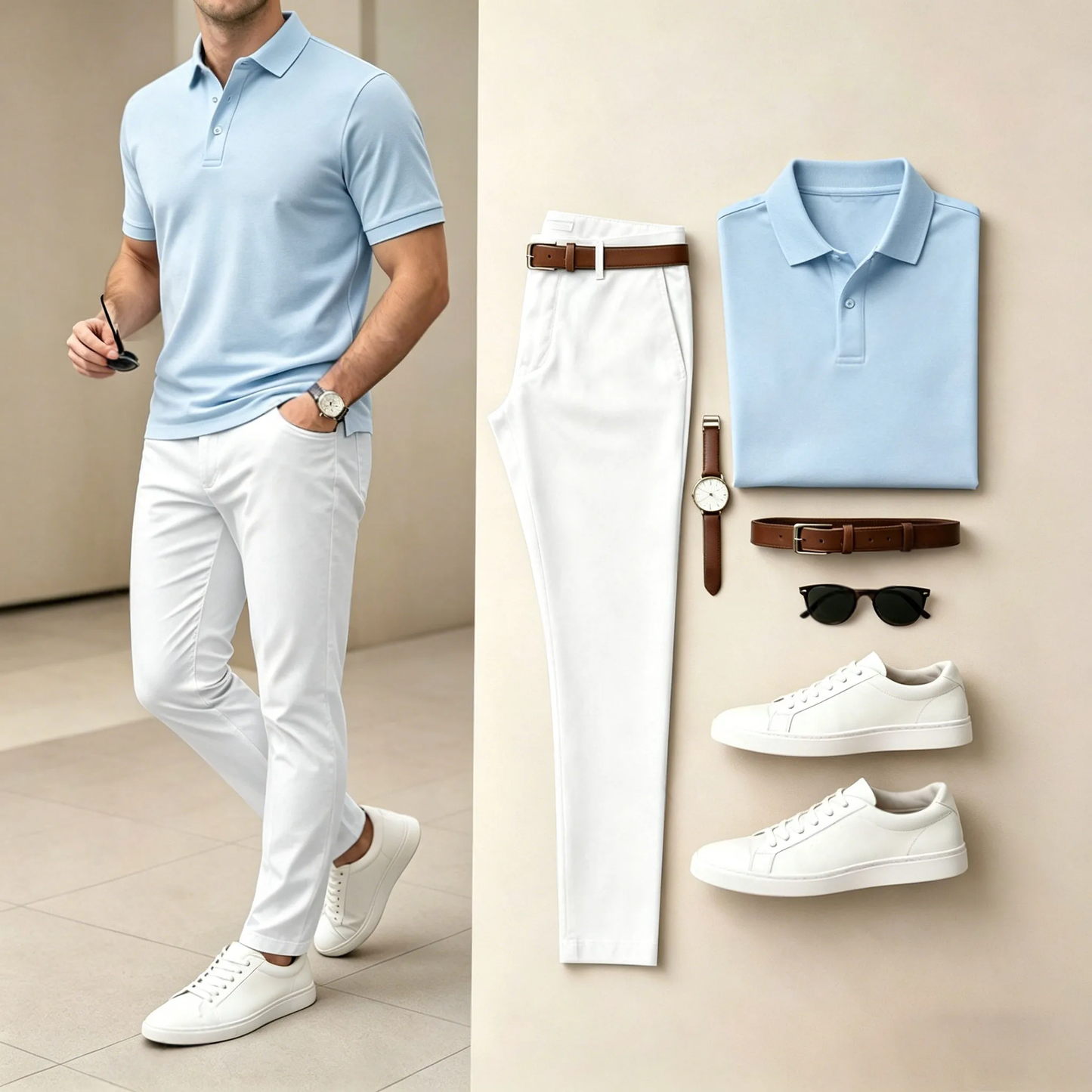 Men's Casual Sky Blue Printed Polo Shirt And Pants Two-Piece Set