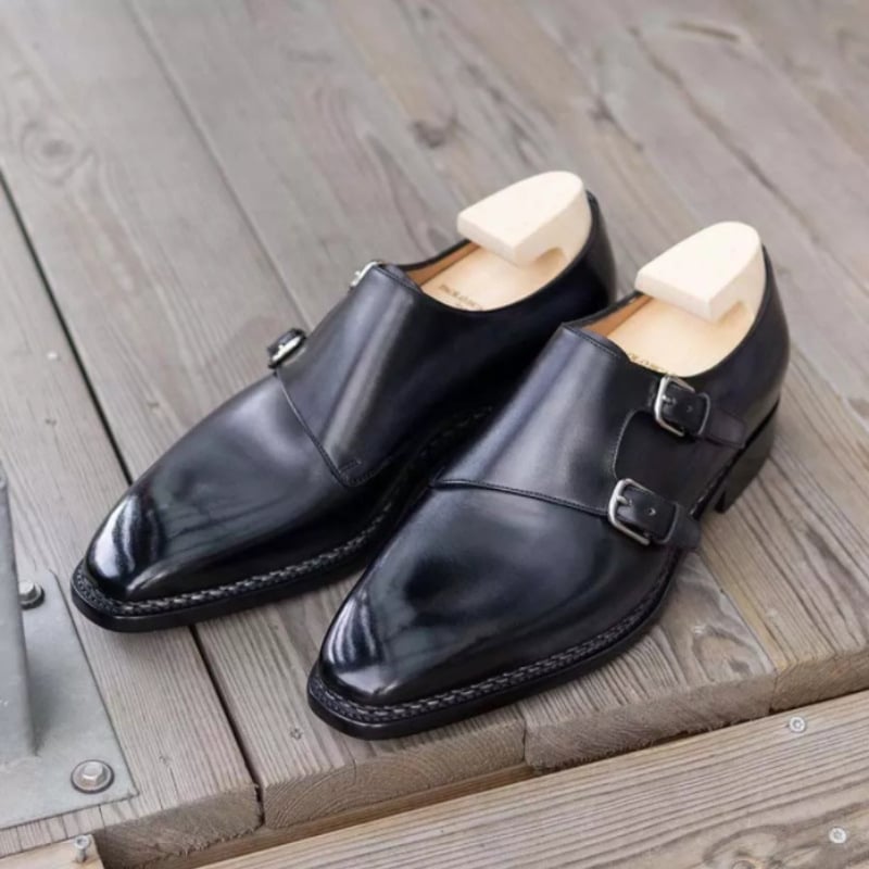 Pu Solid Color Low Heel Double Buckle Classic Business Leather Shoes