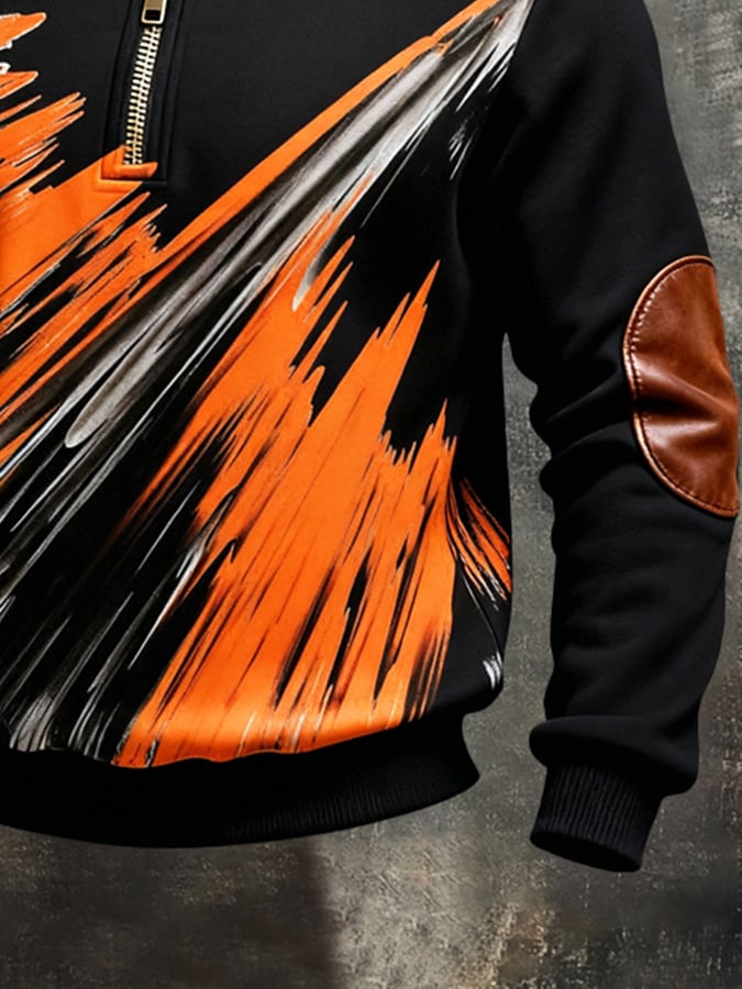 Men's Retro Color Block Print Color-Blocked Zip-Up Sweatshirt