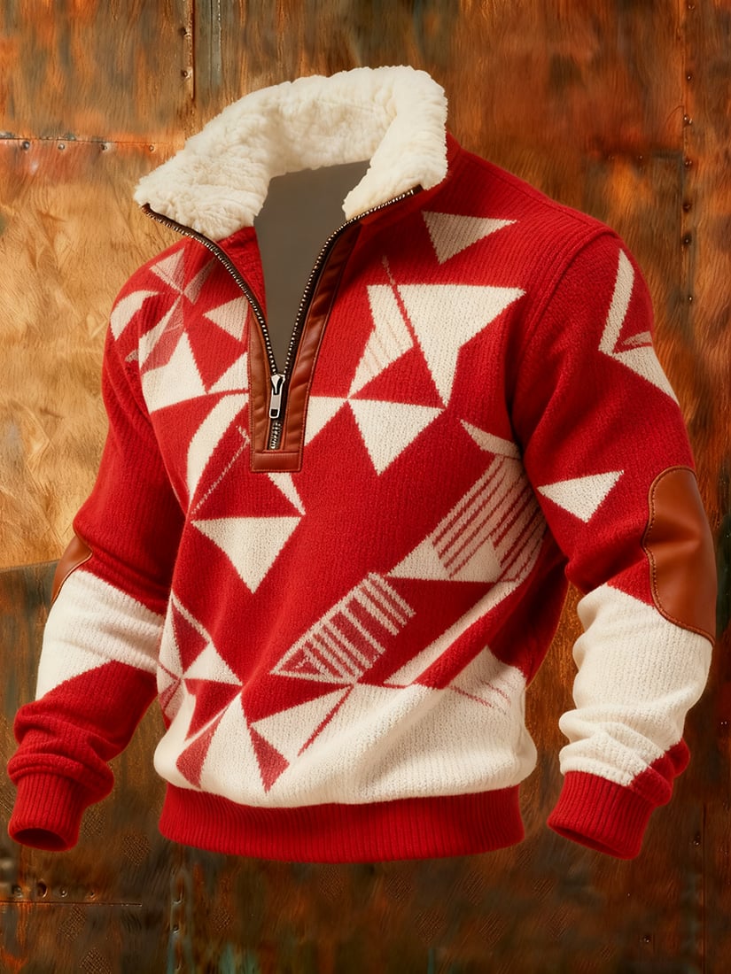 Men's Retro Geometric Quarter Zip Fleece Neck Sweatshirt
