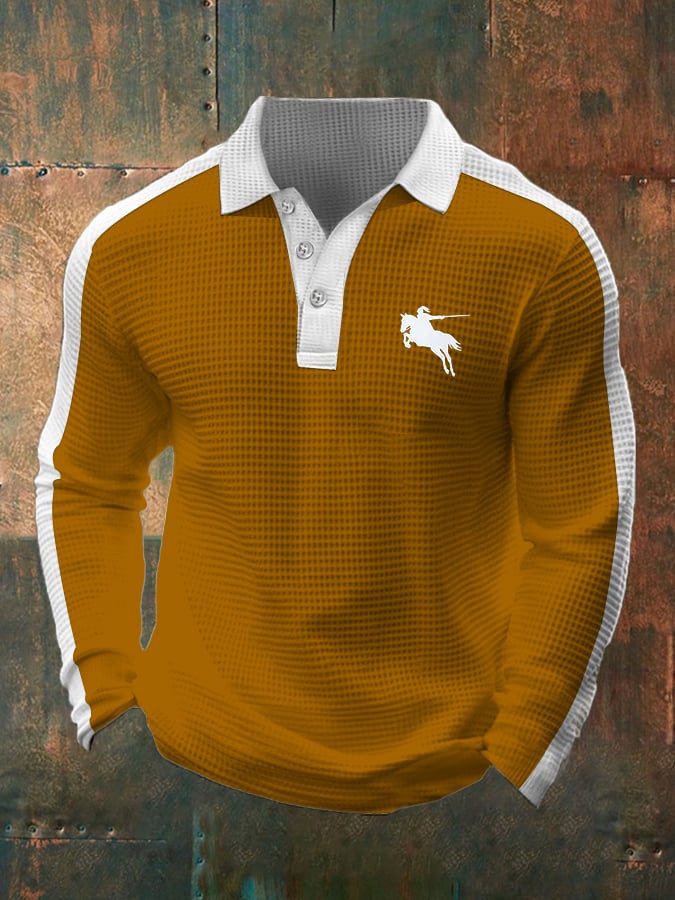 Men's Business Casual Waffle Fabric Long Sleeve Polo Shirt