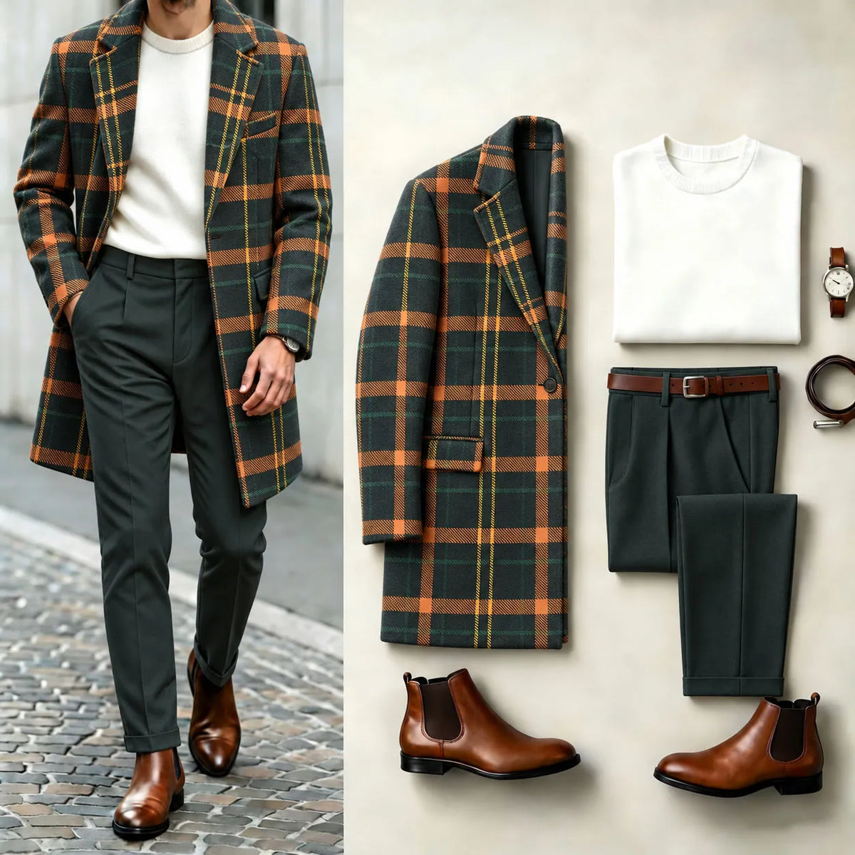 Men's Checkered Print Coat, Crew-Neck Sweater, and Slacks Three-Piece Set