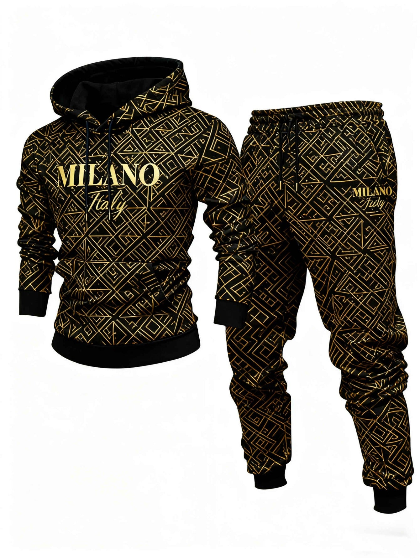 Men's Casual Black & Gold Color Geometric Printed Hoodies Long Sleeved Sweatshirts & Sweatpants Two-Piece Set
