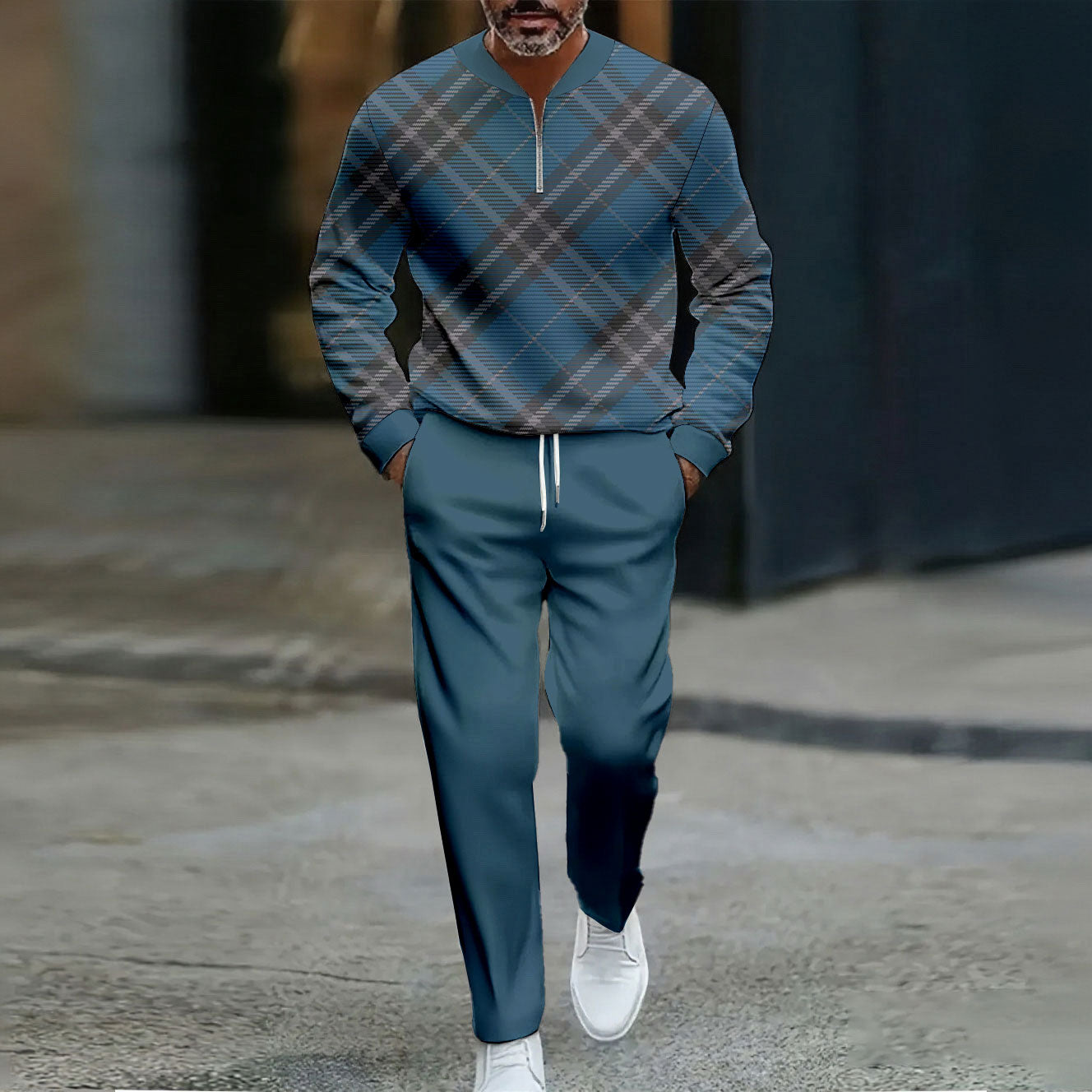 Men's Casual Color Matching Printed Round-Neck Zipper Long Sleeved Trousers Two-Piece Set