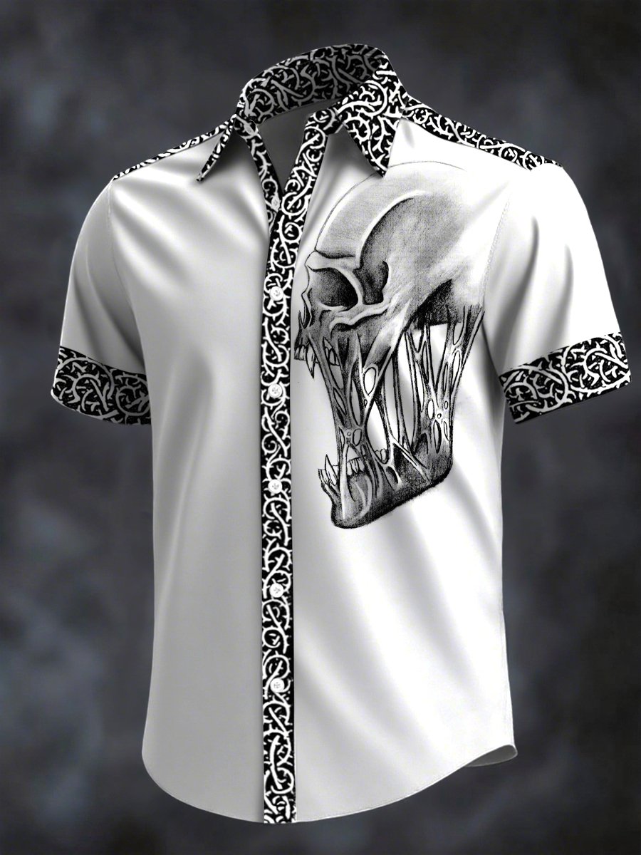 Men's Retro Horror Skull Print Lapel Short Sleeve Shirt