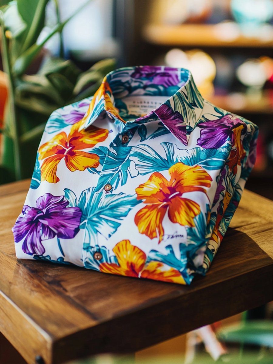 Men's Satin Luxe Hawaiian Print Short Sleeve Button Shirt
