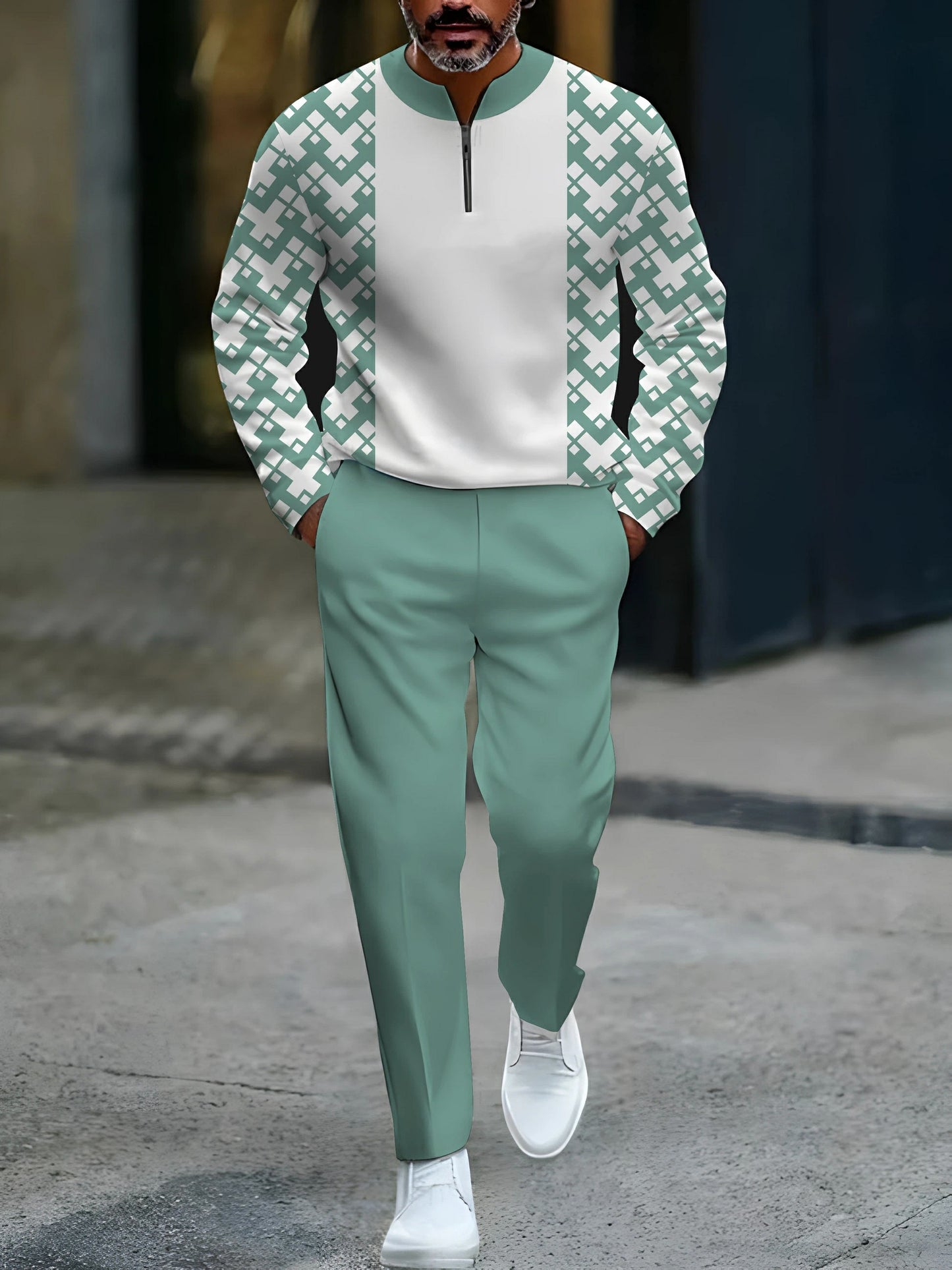 Men's Casual Green & White Color Matching Geometric Pattenr Round-Neck Zipper Long Sleeved Tops & Trousers Two-Piece Set