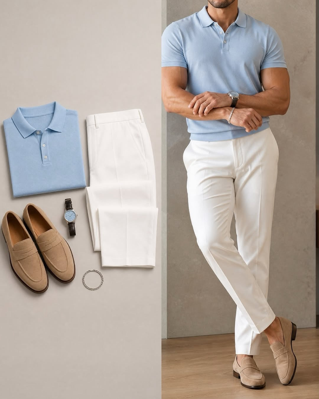 Men's Casual Light Blue Color Short Sleeves Polo Shirt & Jeans Pants Two Piece Set