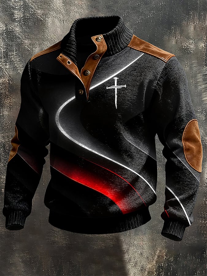 Men's Casual Retro Cross Color Block Print Long-Sleeve Sweatshirt-Fast Shipping