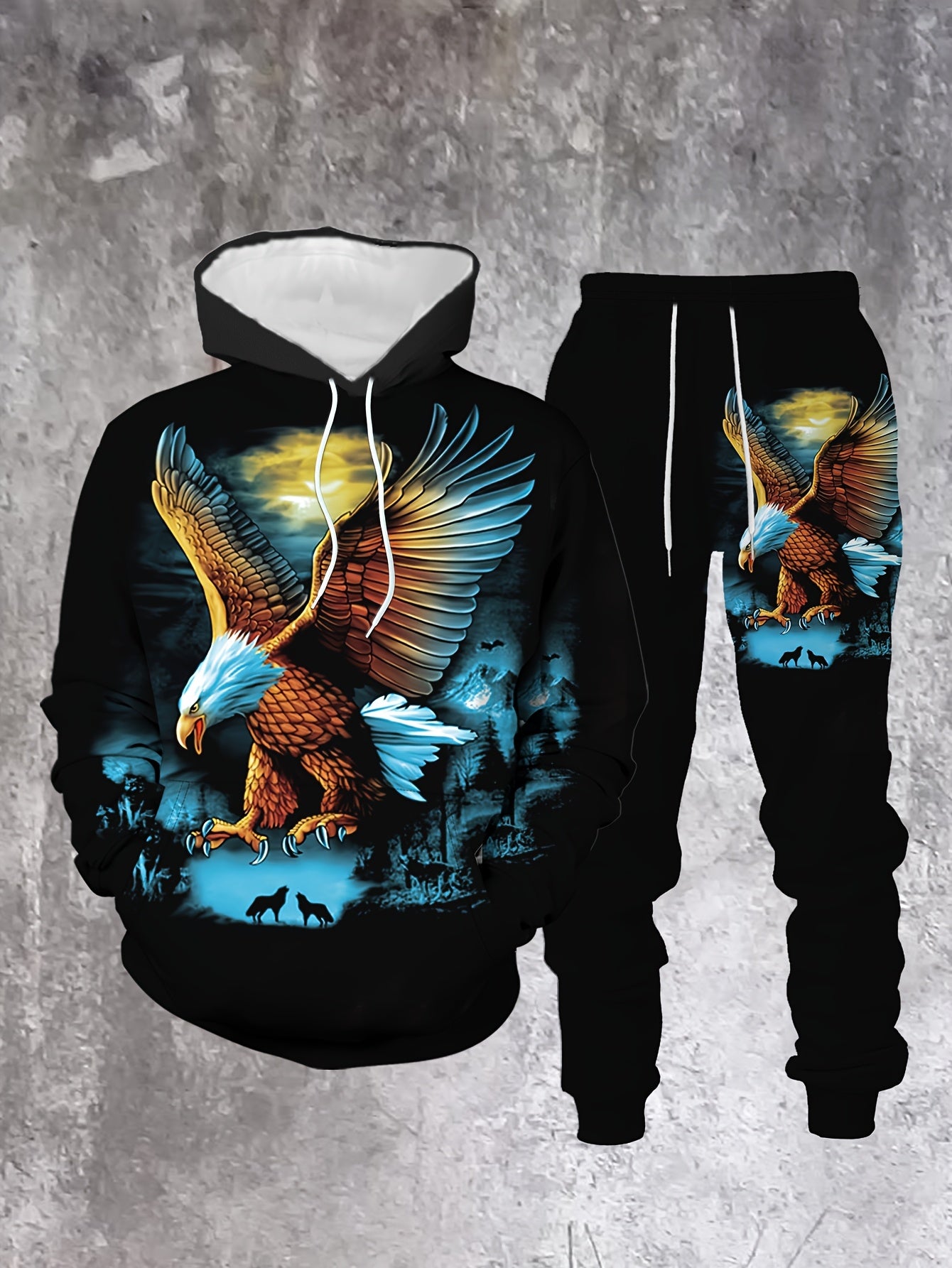 Men's Casual "Eagle" Printed Hoodies Long Sleeved Sweatshirts & Sweatpants Two-Piece Set