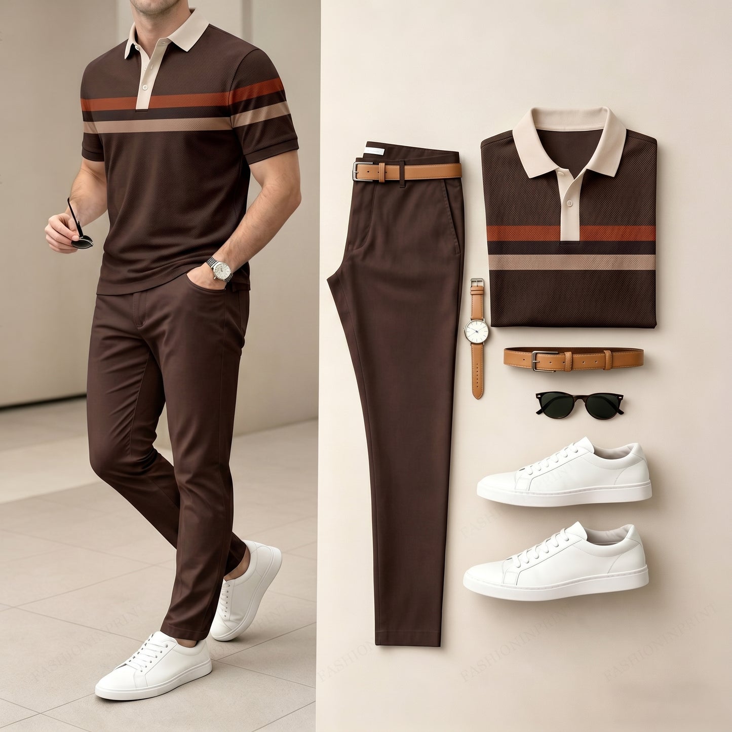 Men's Coffee Color Matching Striped Printed Short Sleeved Polo Shirt & Pants Two-Piece Set