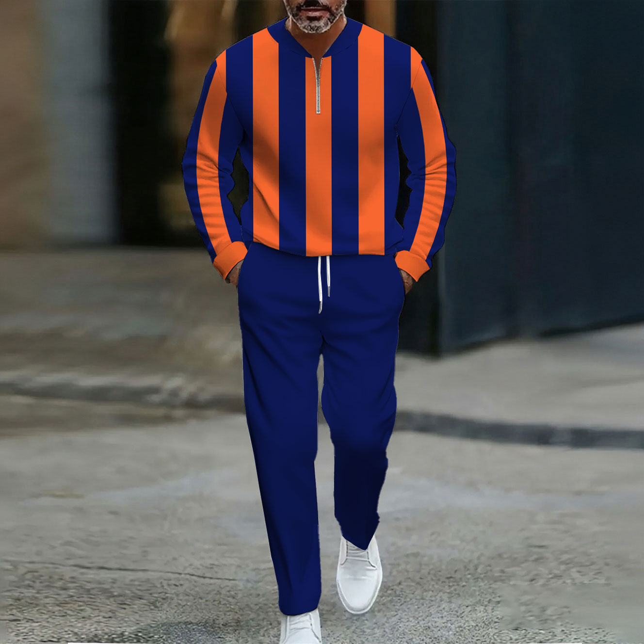 Men's Casual Royal Blue & Orange Striped Color Matching Striped Printed Round Neck Zipper Long-Sleeve Sweatshirt & Pants Two-Piece Set