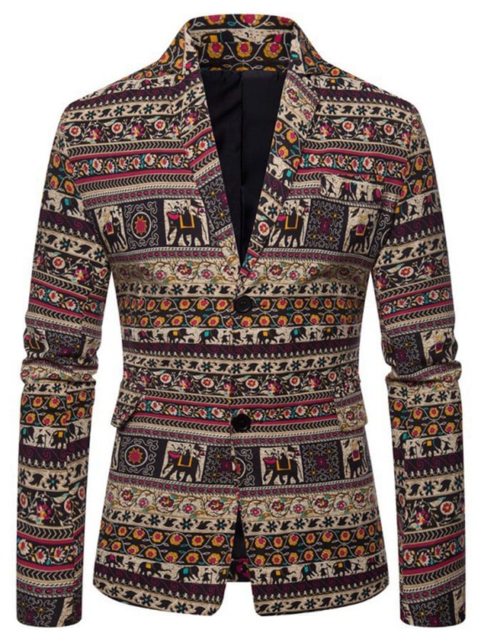 Men's Western Style Printed Patchwork Design Long Sleeve Blazer