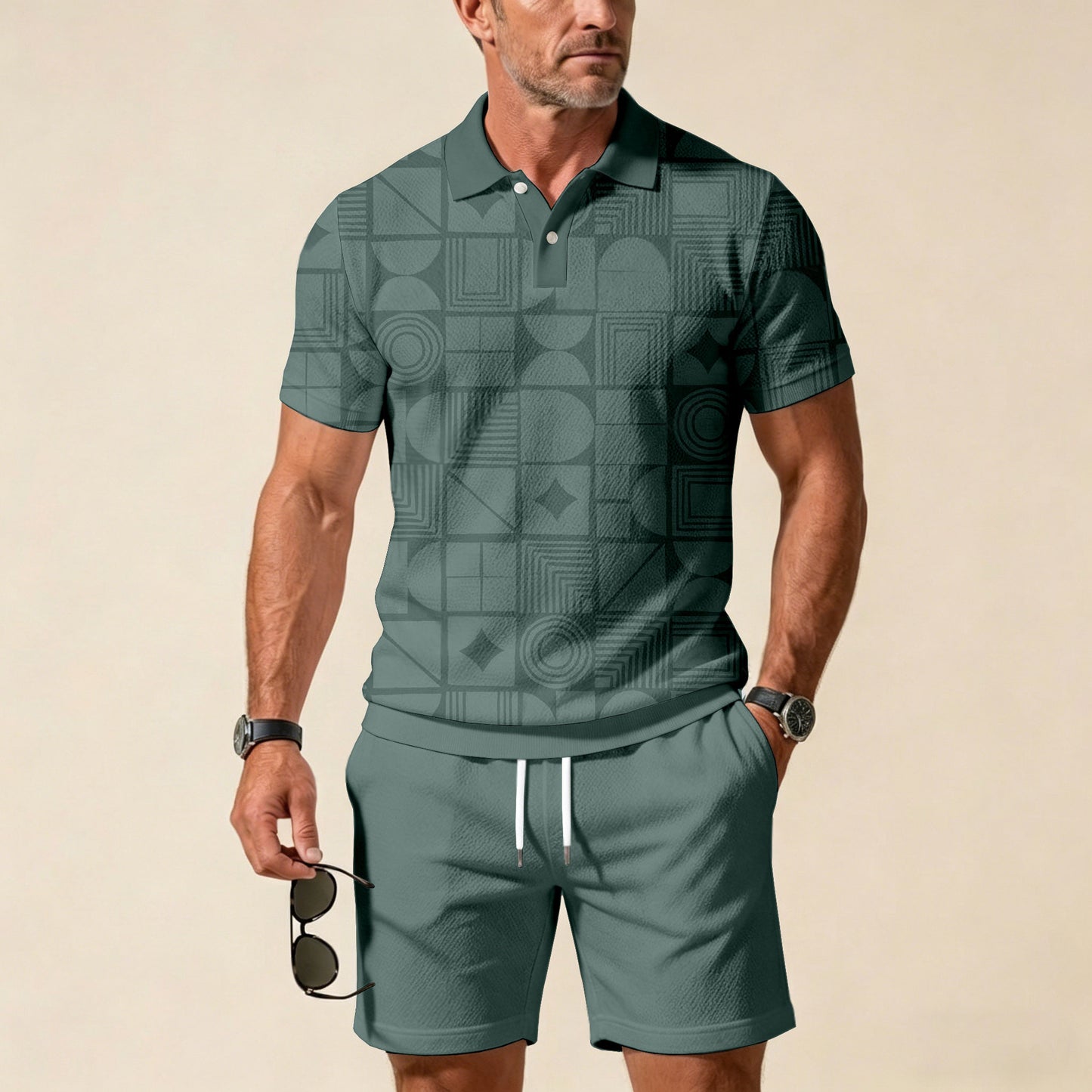 Men's Casual Dark Green Color Matching Printed Short Sleeved Zipper Polo Shirt & Shorts Two-Piece Set