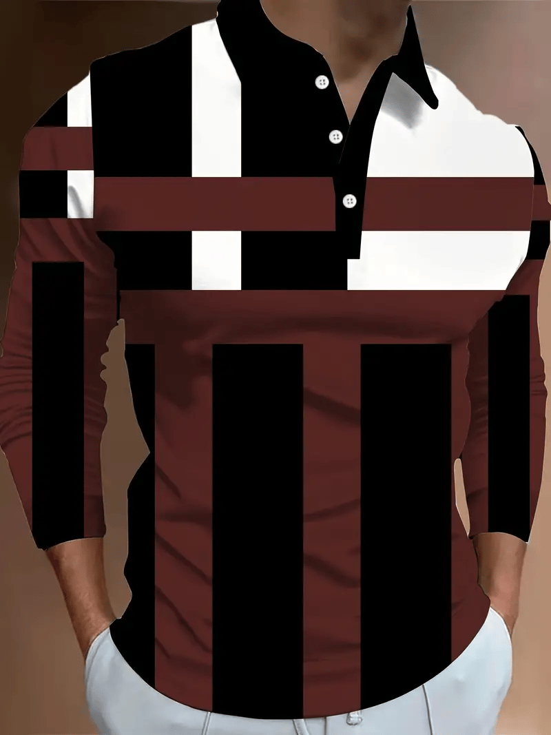 Men's Business Classic Stripe Print Button Polo Shirt