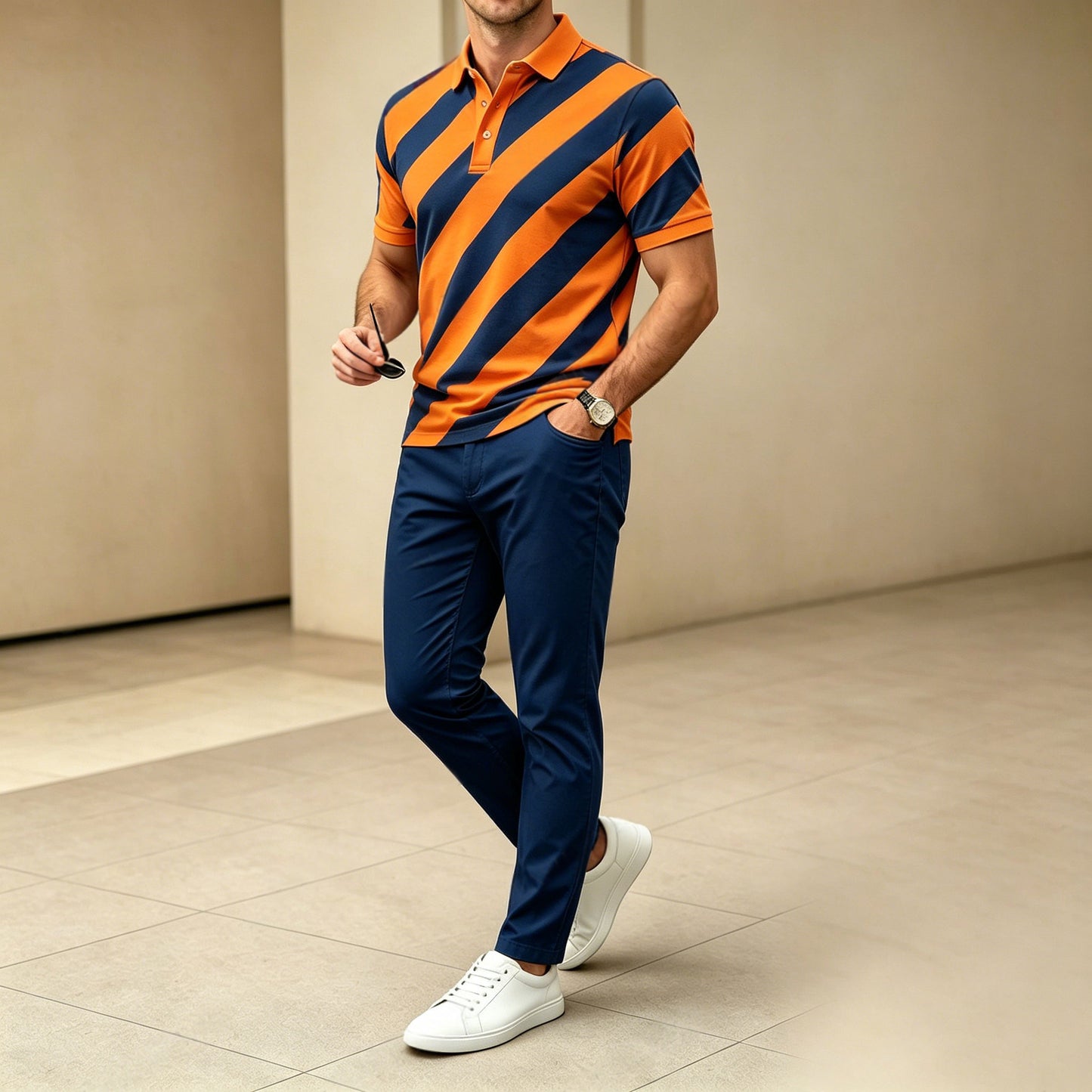 Men's Casual Orange & Navy Stripes Printed Polo Shirt And Pants Two-Piece Set