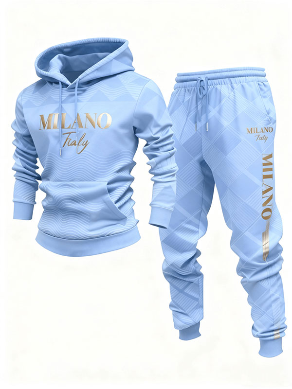 Men's Casual Blue & Gold Color Geometric Pattern Hoodies Long Sleeved Sweatshirts & Sweatpants Two-Piece Set