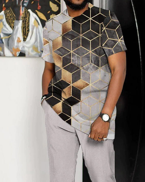 Geometric square print casual short-sleeved two-piece suit 055