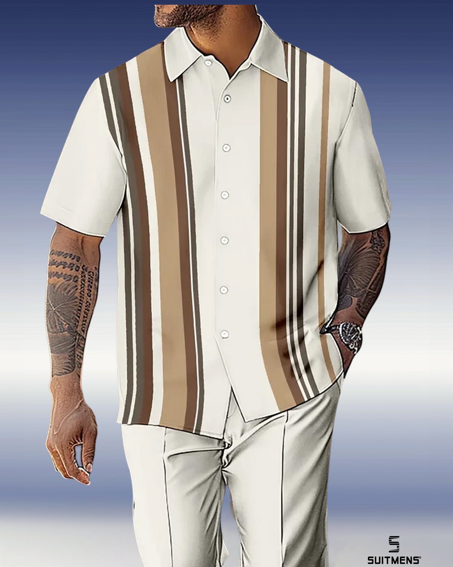 Men's Gorgeous Color Block Short Sleeve Shirt Walking Suit 1072