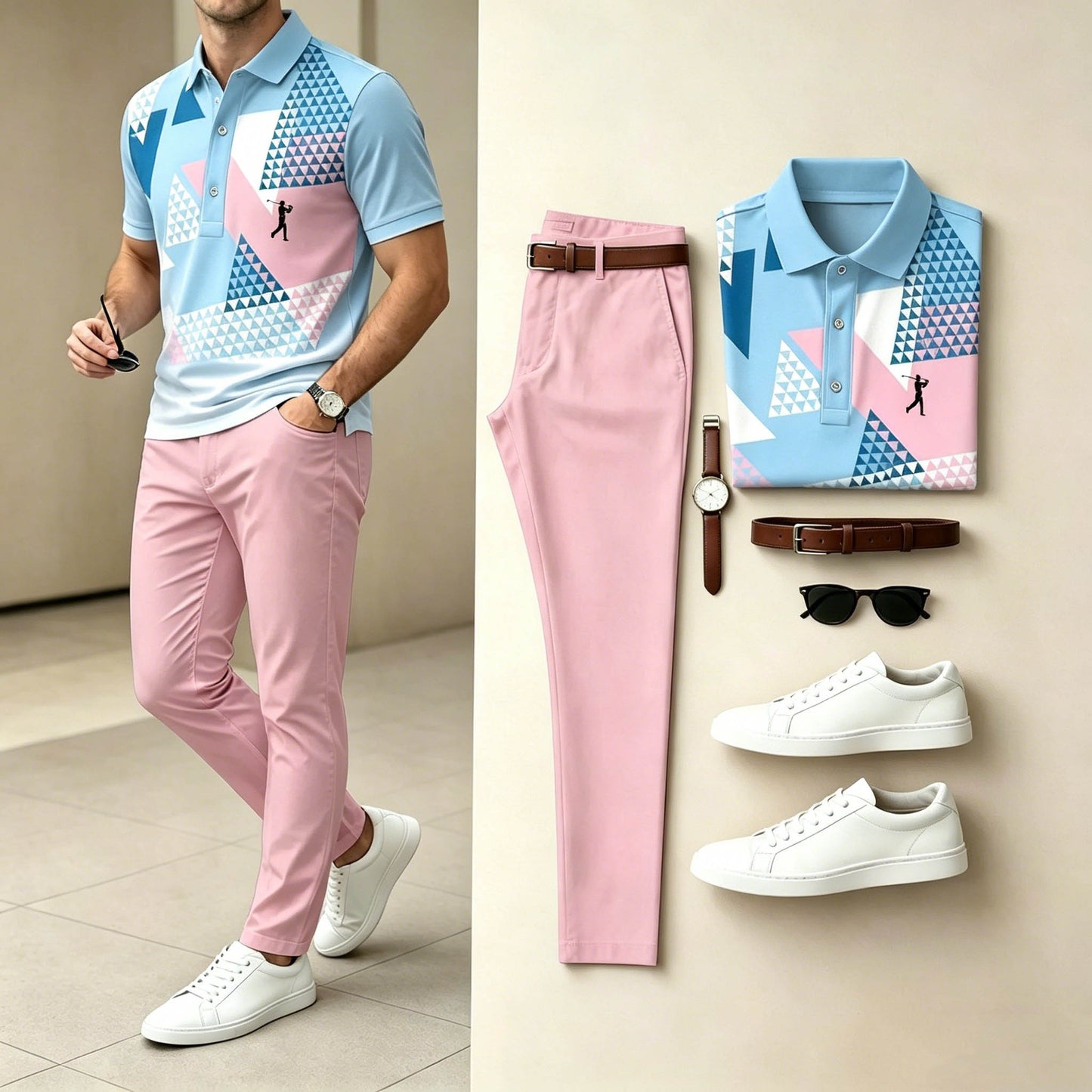 Men's Casual Blue Pink Triangle Printed Polo Shirt & Pants Two-Piece Set