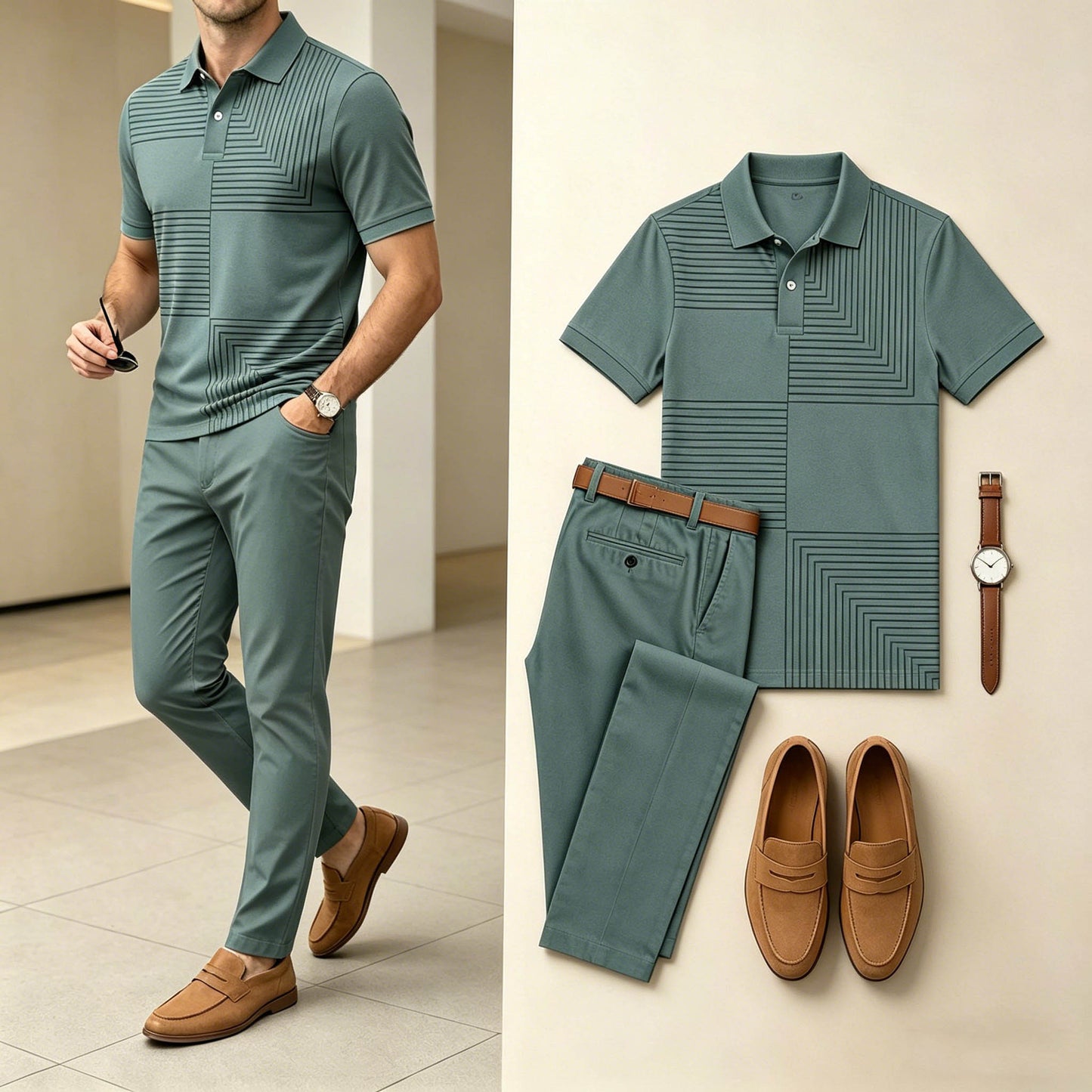 Men's Business Geometric Square Line Print Polo Shirt And Pants Two-Piece Set
