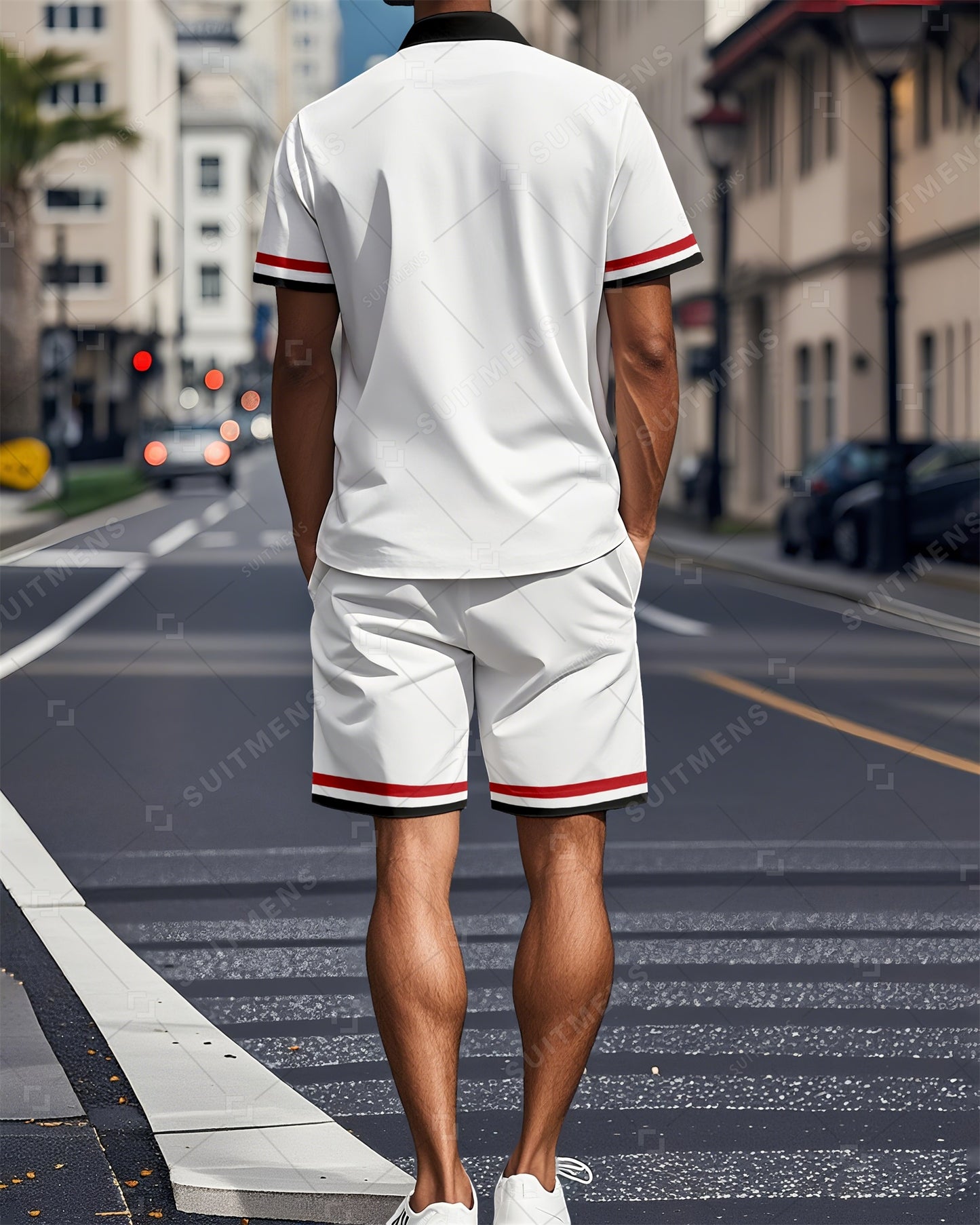 Men's Color Blocked Summer Polo Shorts Set 01