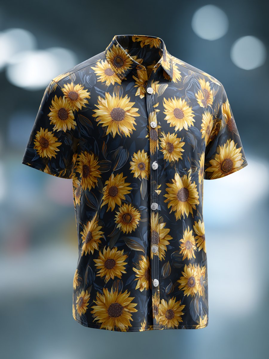 Men's Business Casual Sunflower Print Lapel Short Sleeve Shirt