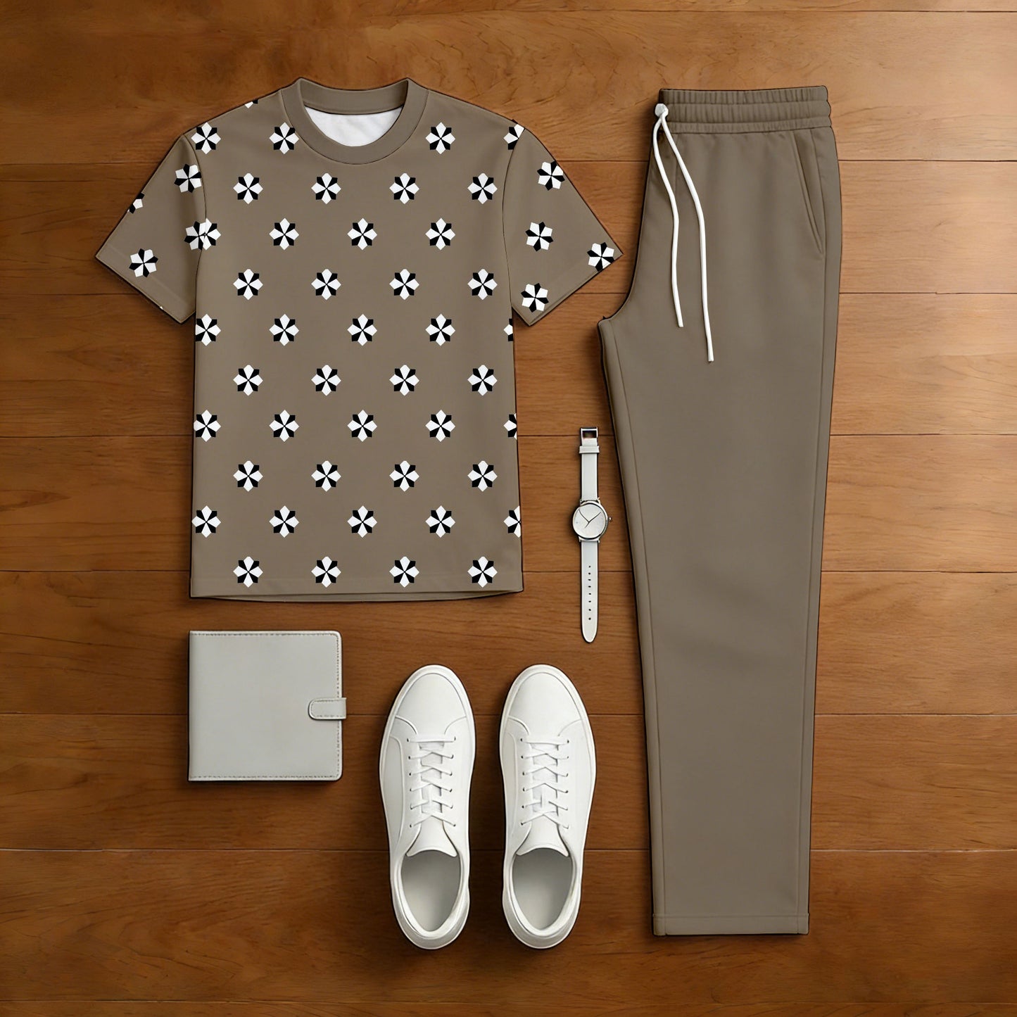 Men's Casual Coffee Color Matching Retro Style Printed Short Sleeved T-Shirt & Trousers Two-Piece Set