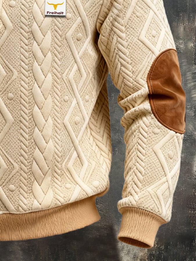 Men's Retro Jacquard Textured Patchwork Comfortable Color-Blocked Zip-Up Sweatshirt