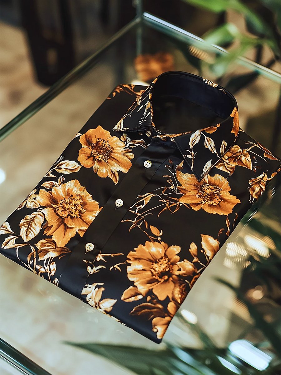 Men's Satin Luxe Hawaiian Print Short Sleeve Button Shirt