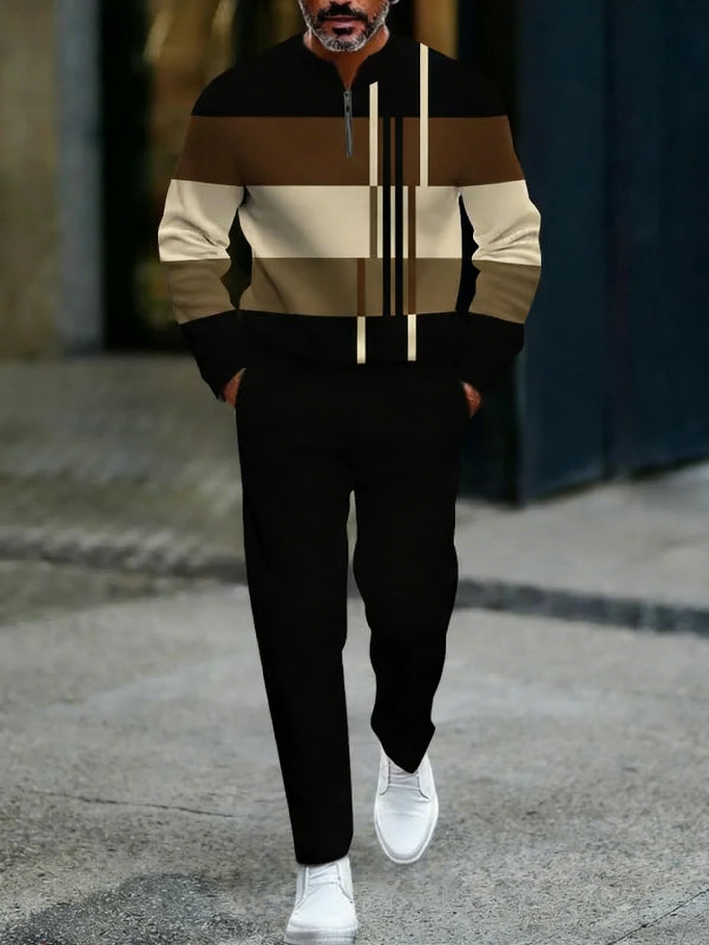 Men's Casual Khaki & Coffee Color Matching Geometric Printed Round-Neck Zipper Long Sleeved Tops & Trousers Two-Piece Set