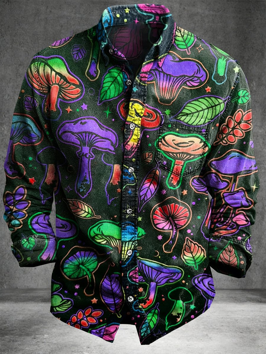 Men's Vintage Mushroom Art Long-Sleeved Shirt