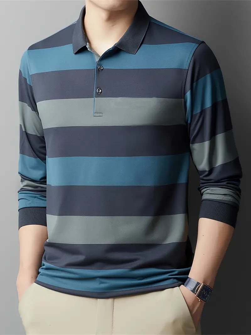 Men's Business Casual Striped Button-Down Polo