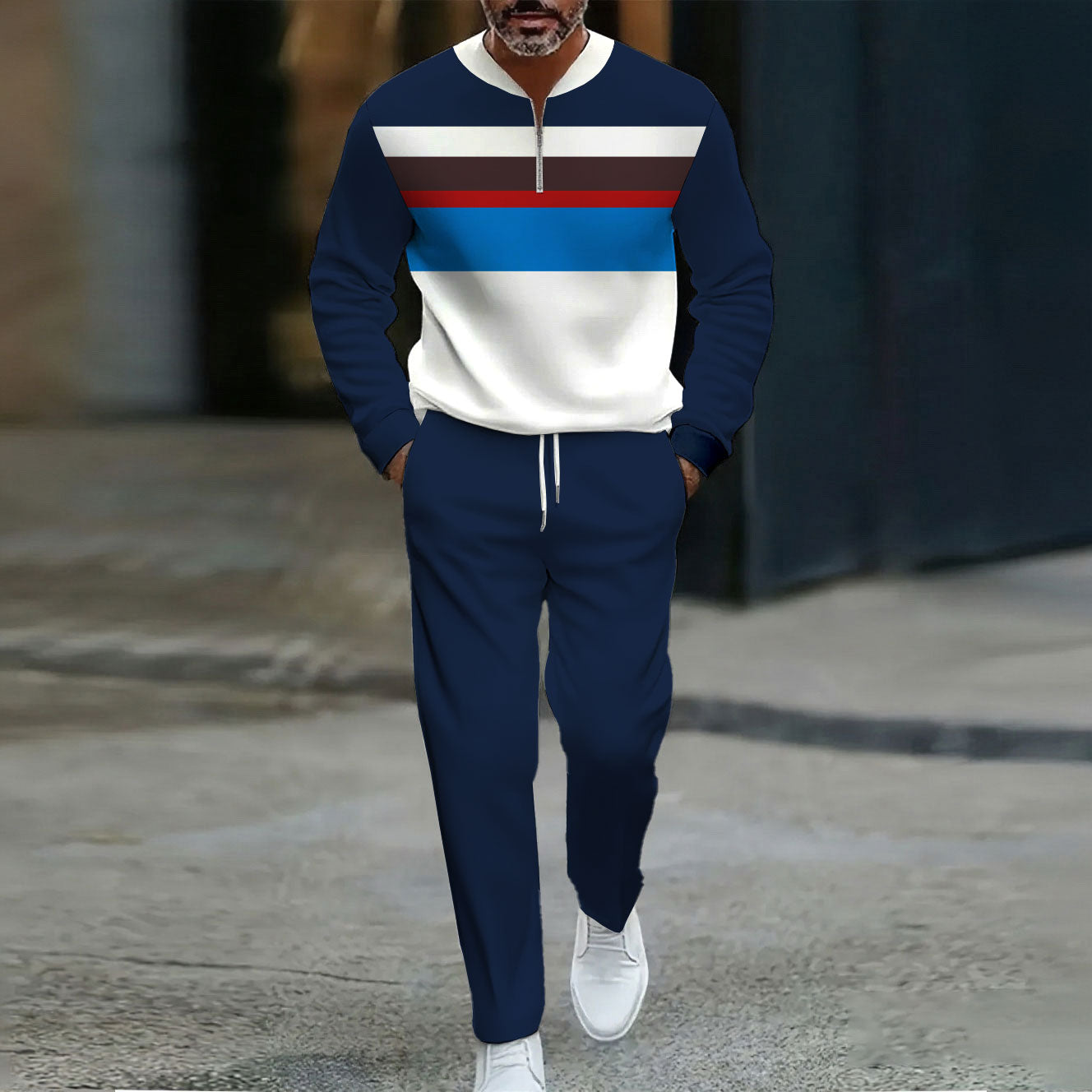 Men's Casual Multicolored Striped Printed Round-Neck Zipper Long Sleeved Navy Blue Trousers Two-Piece Set