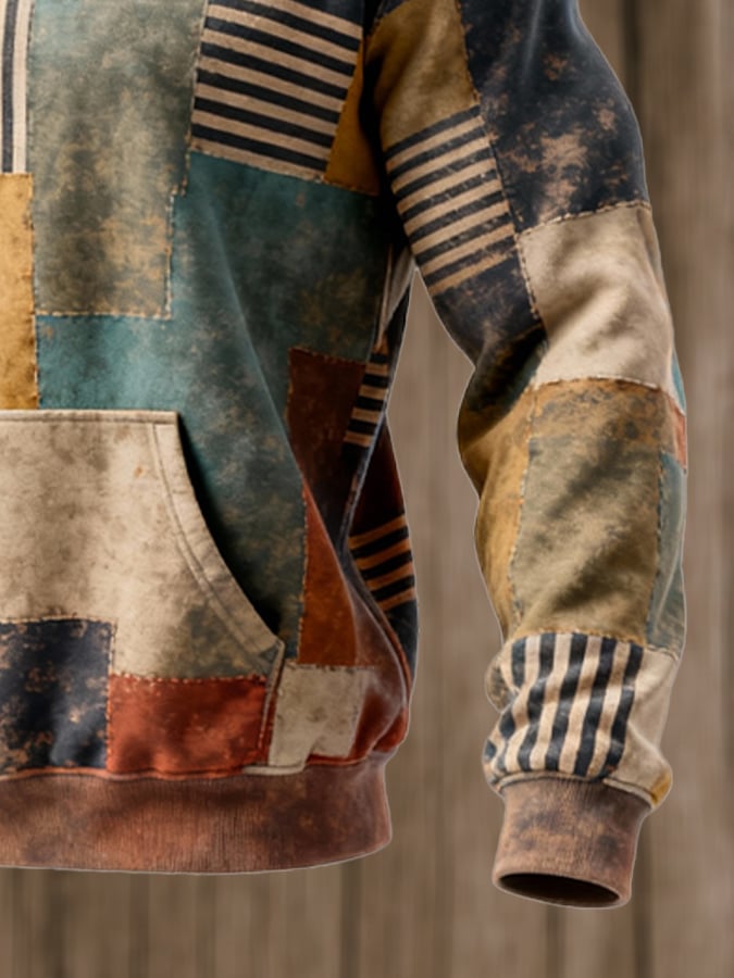 Men's Retro Distressed Color Block Print Casual Long Sleeve Sweatshirt