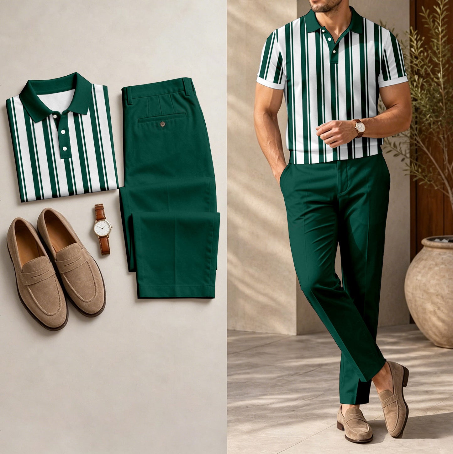 Men's Casual Dark Green Stripes Printed Polo Shirt And Pants Two-Piece Set
