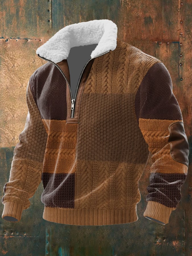 Men's Retro Western Texture Print Knit Fabric Zipper Fur Collar Long Sleeve Sweatshirt
