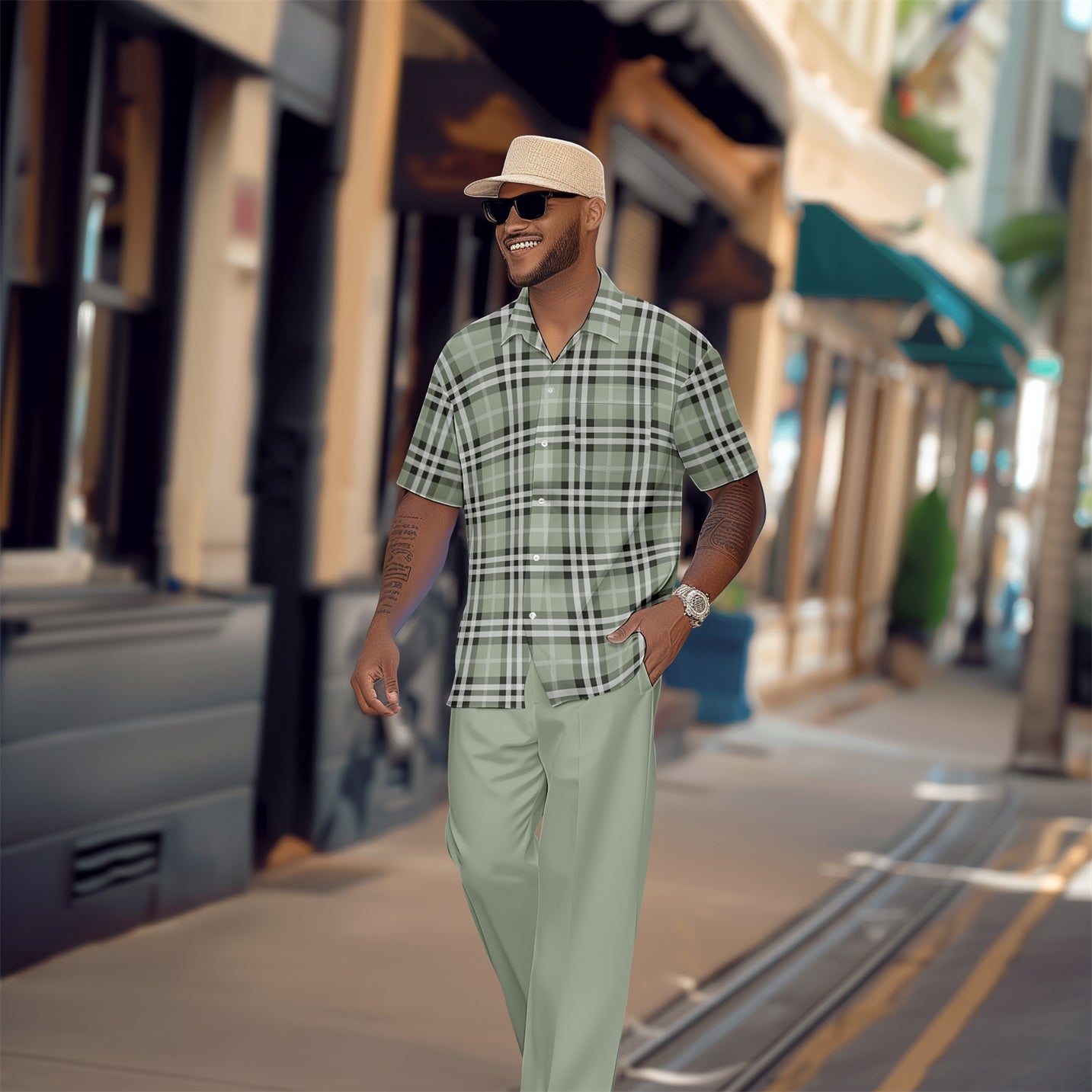Men's Retro Plaid Colorblock Short Sleeve Shirt Walking Suit 1648