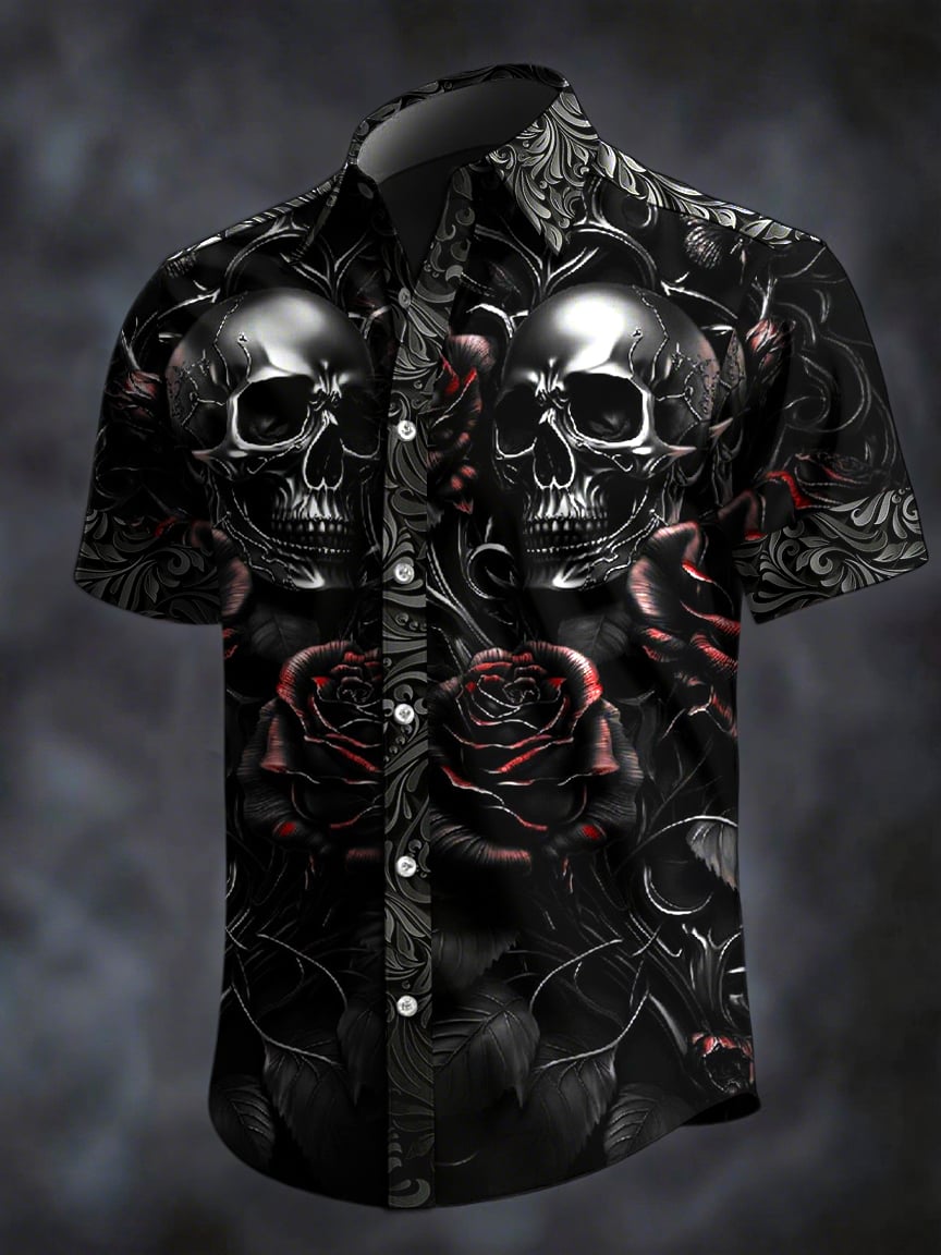 Men's Retro Horror Skull Print Lapel Short Sleeve Shirt