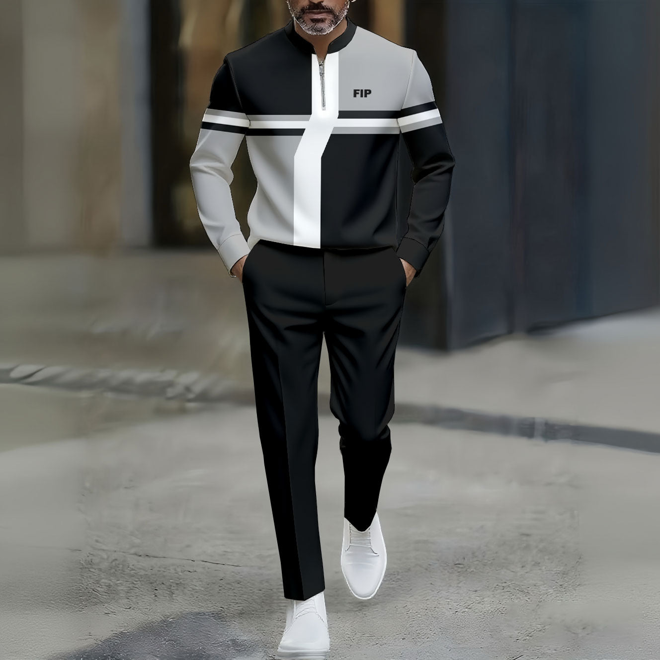 Men's Casual Black Gray White Color Matching Geometric Printed Round-Neck Zipper Long Sleeved Trousers Two-Piece Set