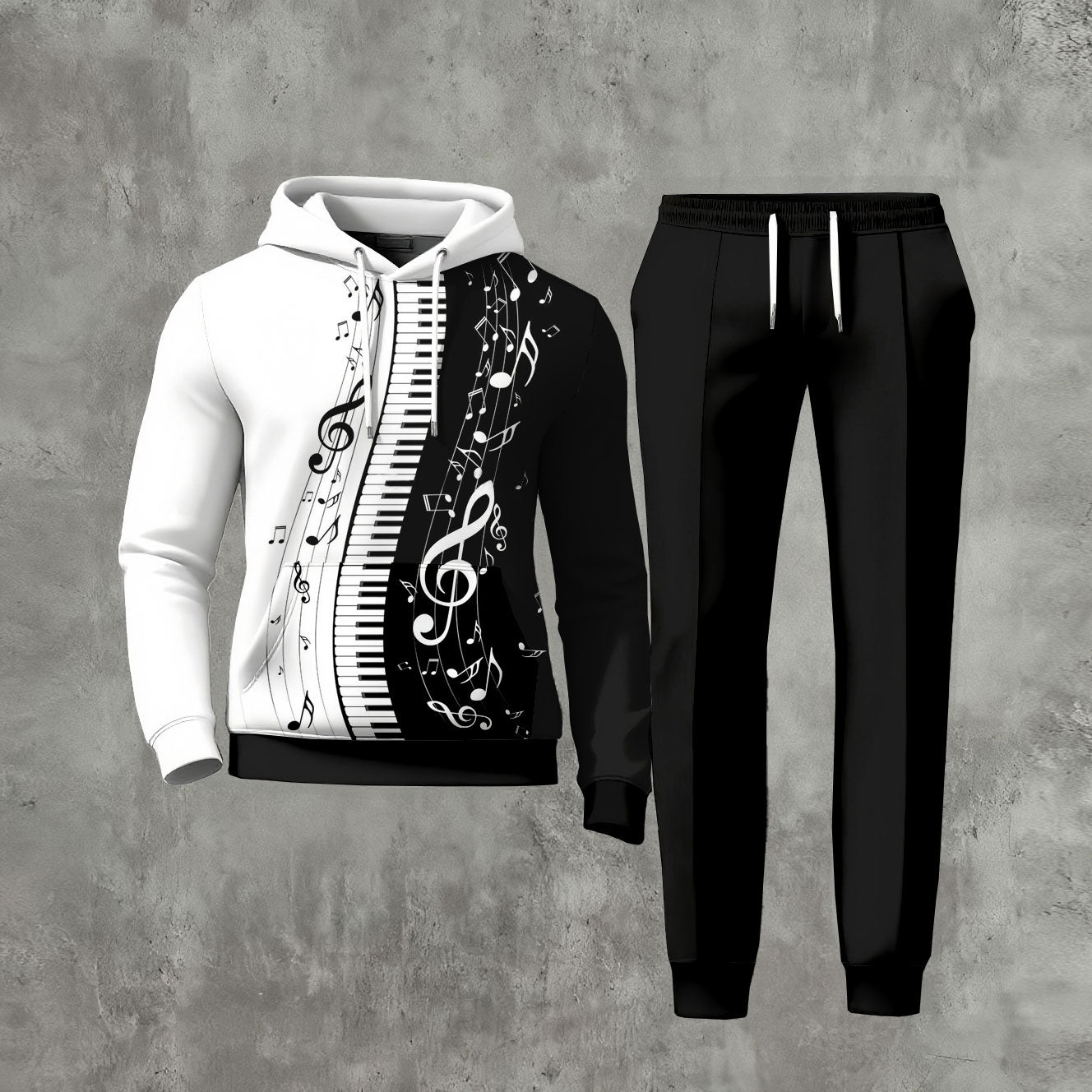 Men's Casual Black And White Piano Sheet Music Printed Long-Sleeve Hoodies Sweatshirt & Trousers Two-Piece Set