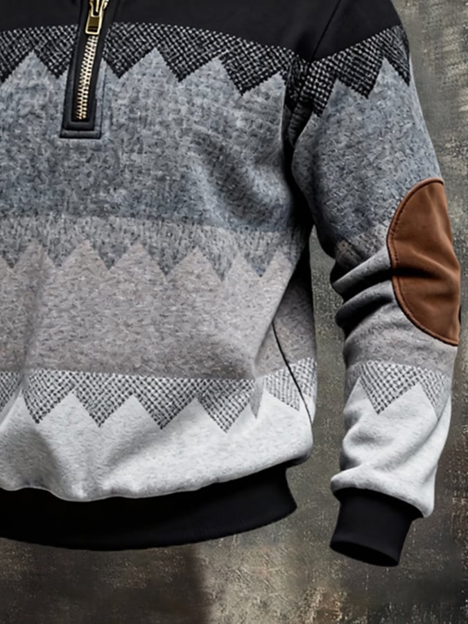 Men's Retro Color Block Print Color-Blocked Zip-Up Sweatshirt